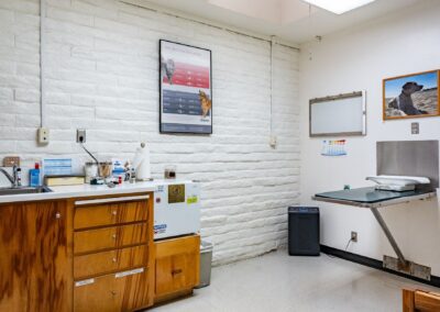 Hospital room with wooden table and other medical equipment