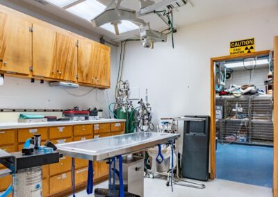 Hospital interior with X-ray radiation caution board